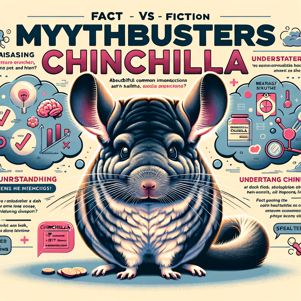 Healthy chinchilla in habitat with thought bubbles highlighting chinchilla facts and dispelling chinchilla myths about chinchilla care, behavior, and health for Mythbusters Chinchilla, Fact vs Fiction Chinchilla, and Understanding Chinchillas article.