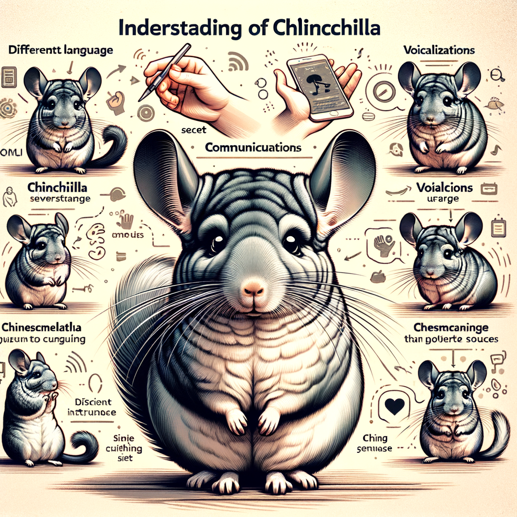Professional illustration of chinchilla communication signals, showcasing chinchilla behavior, body language, vocalizations, and interpreting chinchilla sounds for understanding chinchilla language.
