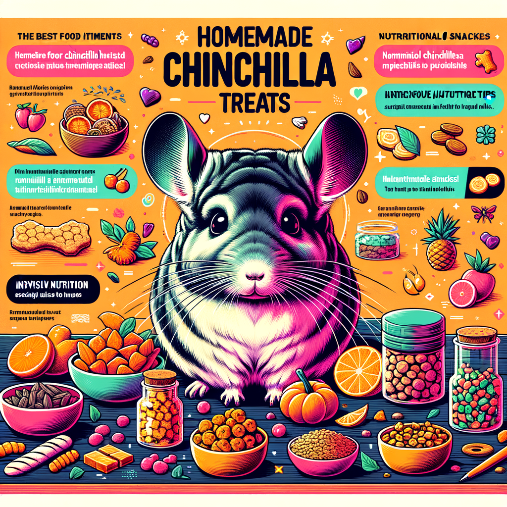 Vibrant infographic of nutritious chinchilla food, homemade chinchilla treats, and chinchilla treat recipes for a healthy chinchilla diet and best snacks for chinchillas.