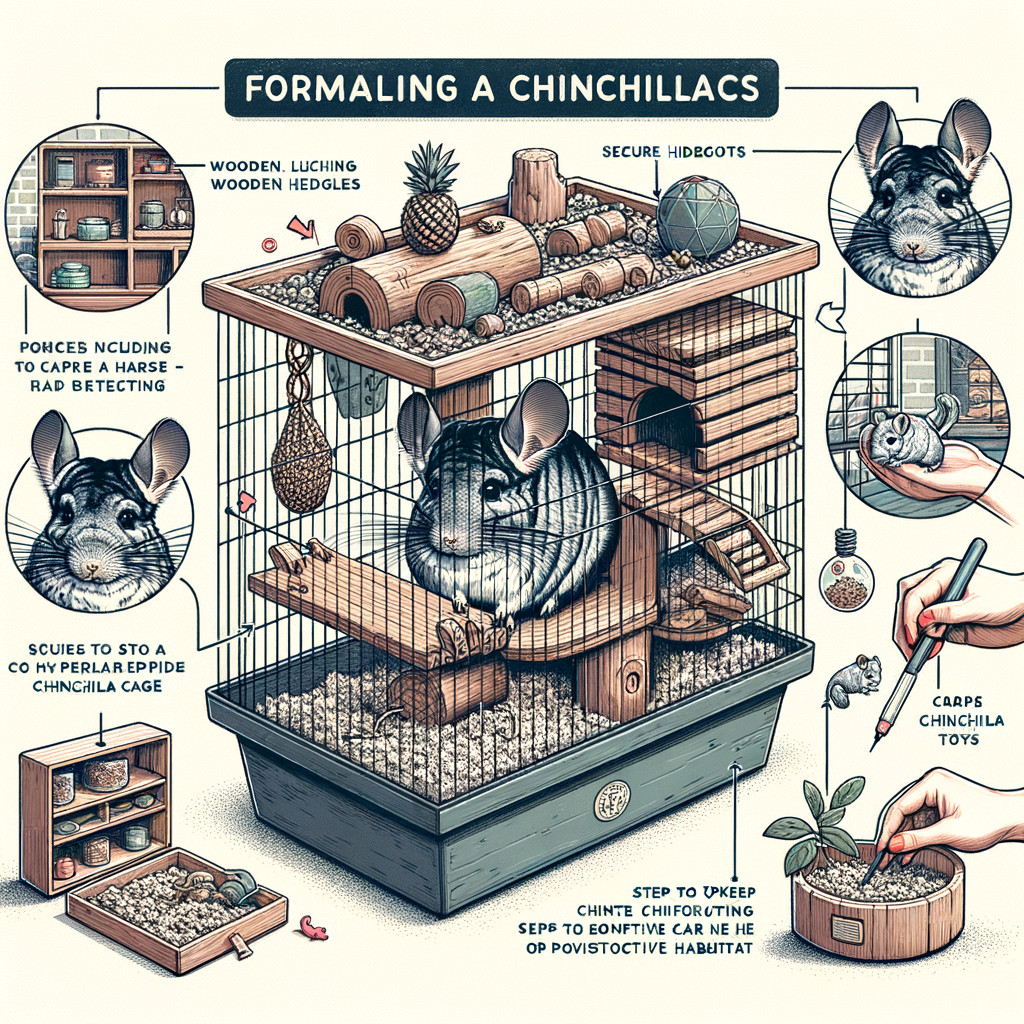 Chinchilla cage setup guide illustrating a chinchilla-friendly environment with wooden ledges, hideouts, and toys for creating a safe and comfortable chinchilla habitat, along with chinchilla care tips.