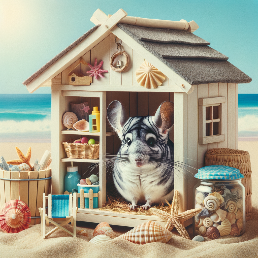 Charming homemade chinchilla beach hut, a perfect example of seaside style pet house and DIY pet house, showcasing beach style pet decor for chinchilla DIY projects.