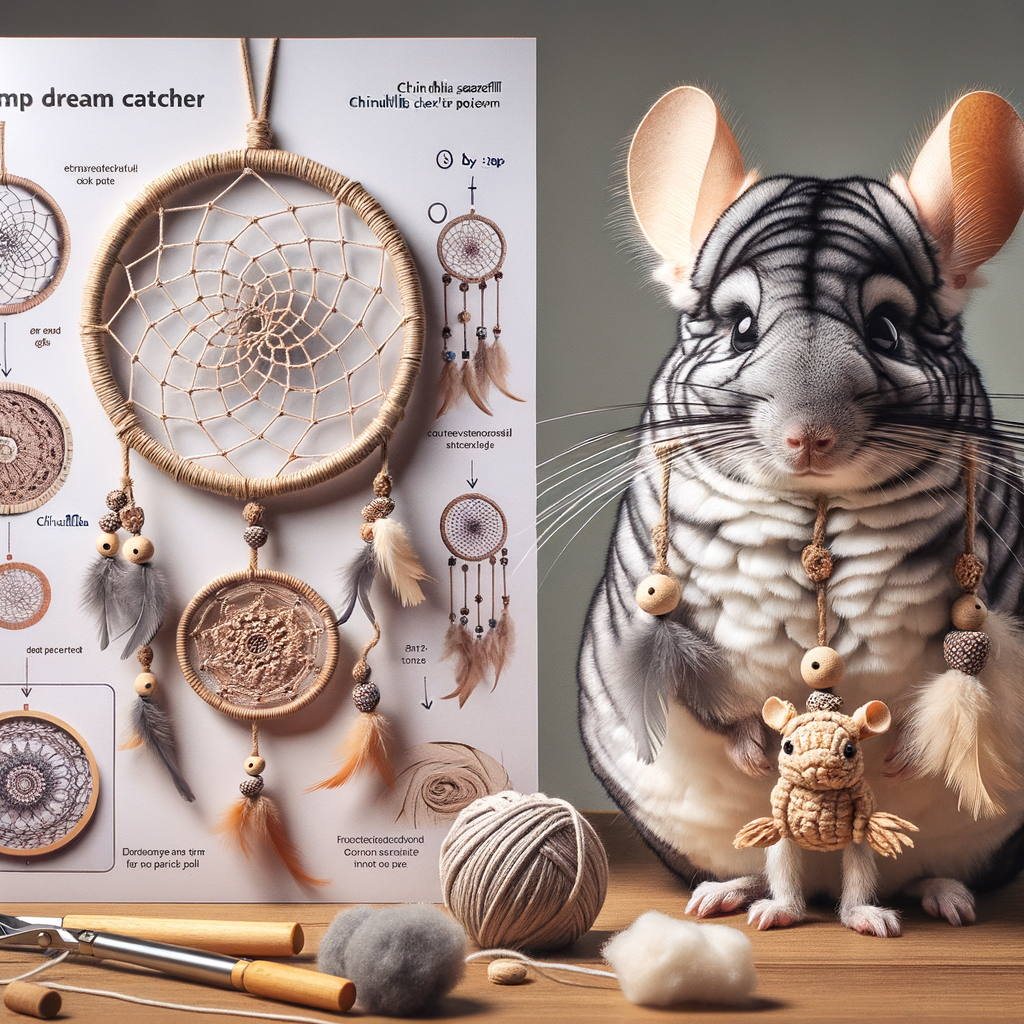 Chinchilla DIY projects featuring a handmade dream catcher for pets, incorporating chinchilla accessories and DIY pet toys, with a step-by-step chinchilla dream catcher tutorial guide for creating this unique chinchilla sleep aid.