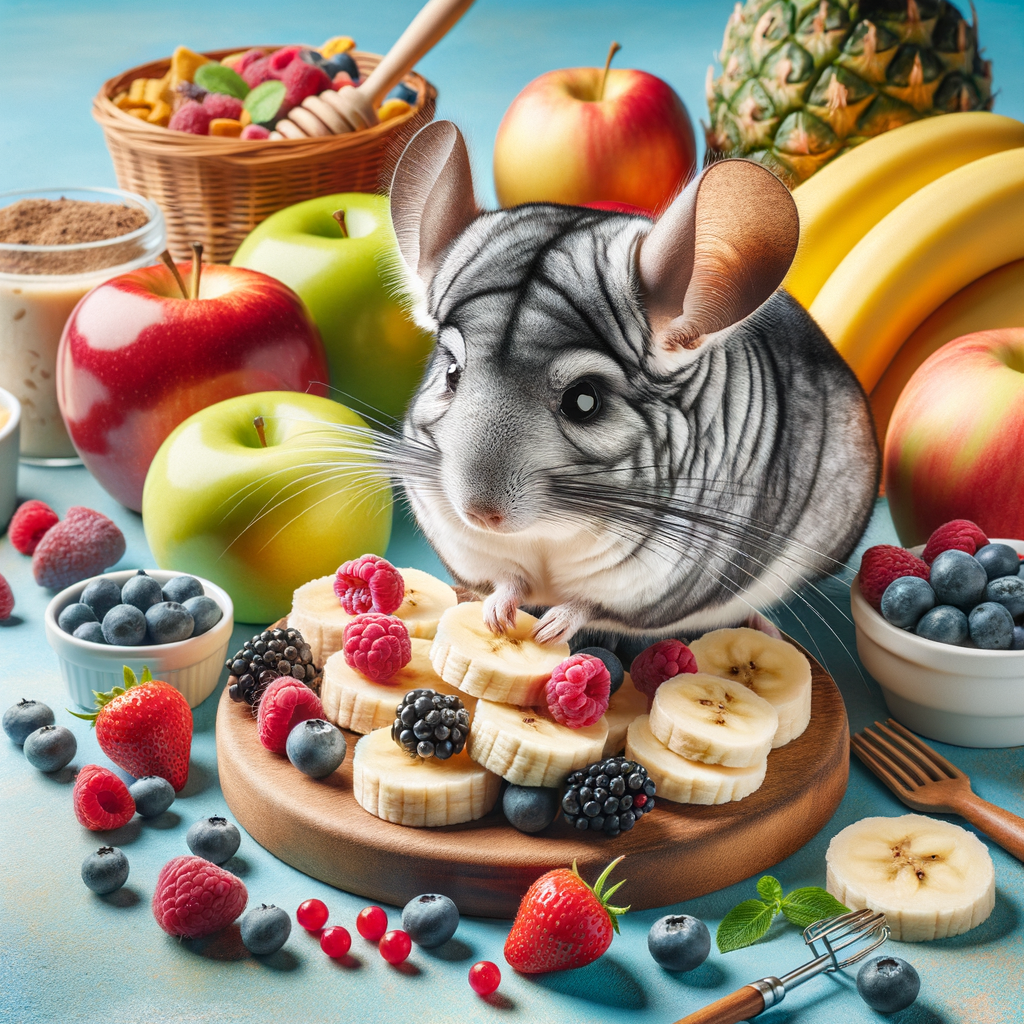 Chinchilla joyfully eating DIY pet snacks from a colorful chinchilla fruit feast, showcasing homemade chinchilla food for a healthy chinchilla diet, with a chinchilla feeding guide and DIY pet food recipes in the background for optimal pet nutrition and chinchilla care.