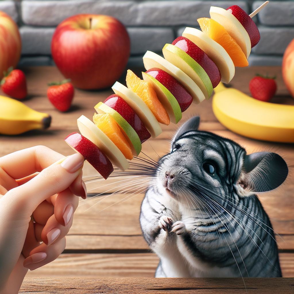 Hand holding a colorful DIY fruit kebab as a healthy chinchilla food, with a happy chinchilla reaching for this nutritious pet treat, showcasing the appeal of homemade chinchilla treats and the benefits of a fruit-based chinchilla diet.