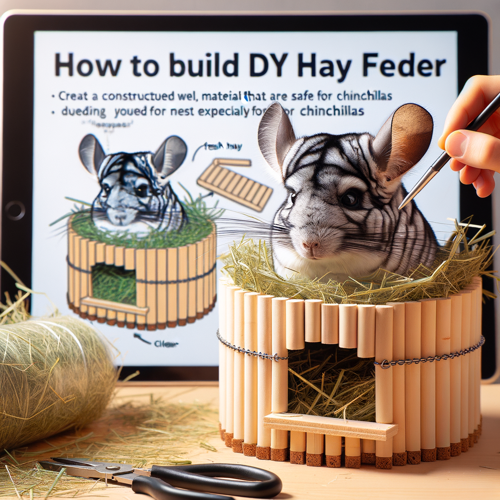 Chinchilla DIY project featuring a homemade hay feeder filled with fresh hay for mess-free chinchilla meals, with DIY hay feeder instructions in the background for easy and creative chinchilla care.