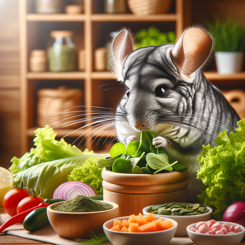 Chinchilla joyfully eating fresh greens from a DIY plant buffet, showcasing a healthy chinchilla diet and the importance of homemade chinchilla meals for optimal chinchilla nutrition.