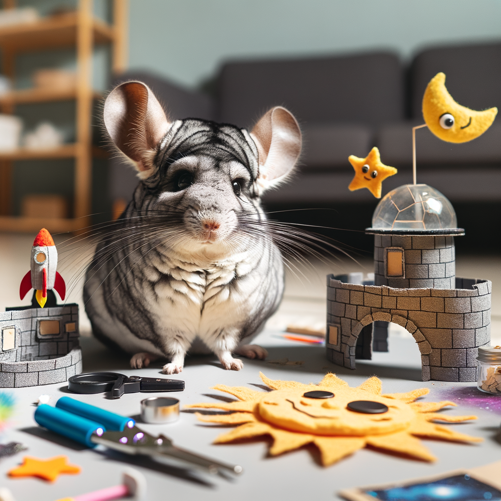 Chinchilla engaging in DIY space explorer activities at home, surrounded by homemade, space-themed toys, showcasing cosmic adventures for pets and excitement towards DIY chinchilla projects.
