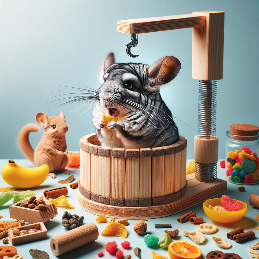 Happy chinchilla engaging in fun activities with a Chinchilla DIY Treat Dispenser filled with homemade treats, showcasing innovative chinchilla treat ideas and emphasizing proper chinchilla care.