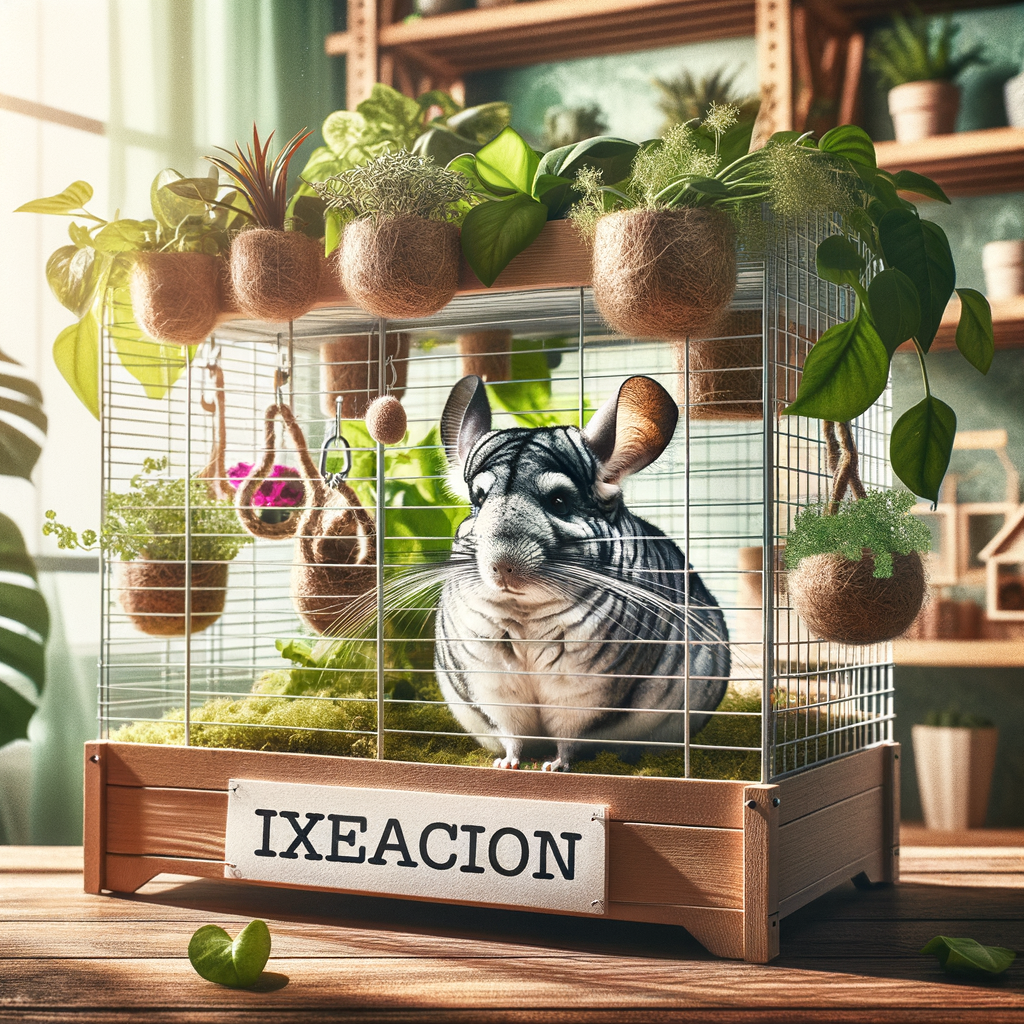 DIY plant hangers with Chinchilla-friendly plants adding greenery to a beautifully decorated Chinchilla cage, featuring homemade Chinchilla toys and safe indoor plants for a natural, vibrant pet cage decor.