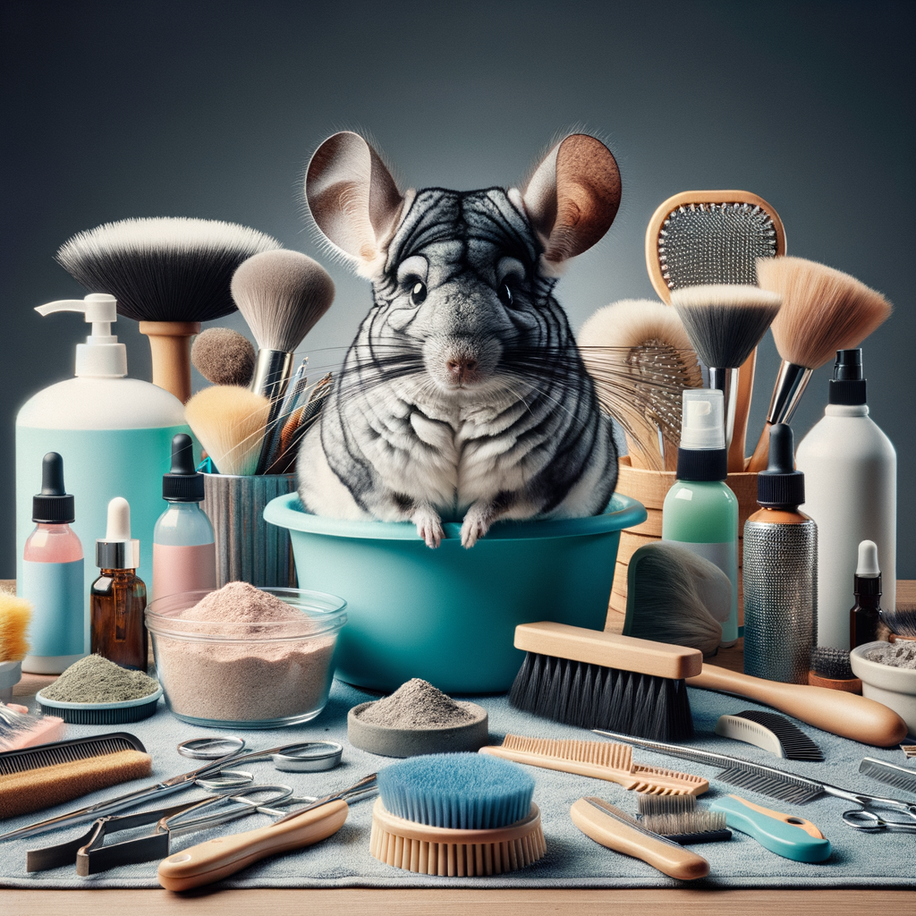 Chinchilla enjoying a DIY spa day with grooming essentials on a table, demonstrating home grooming tips for Chinchilla care and grooming 101.