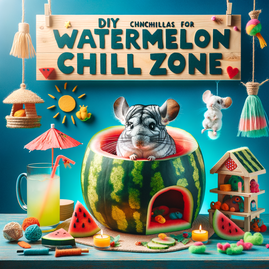 Chinchilla enjoying a DIY Watermelon Chill Zone, a summer refreshment for pets, featuring homemade chinchilla toys and watermelon-themed pet accessories for chinchilla summer care.