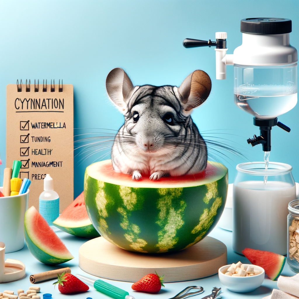 Chinchilla enjoying a homemade DIY watermelon cooler, a stylish pet hydration method for chinchilla care, highlighting the importance of hydrating chinchillas properly with a watermelon treat.