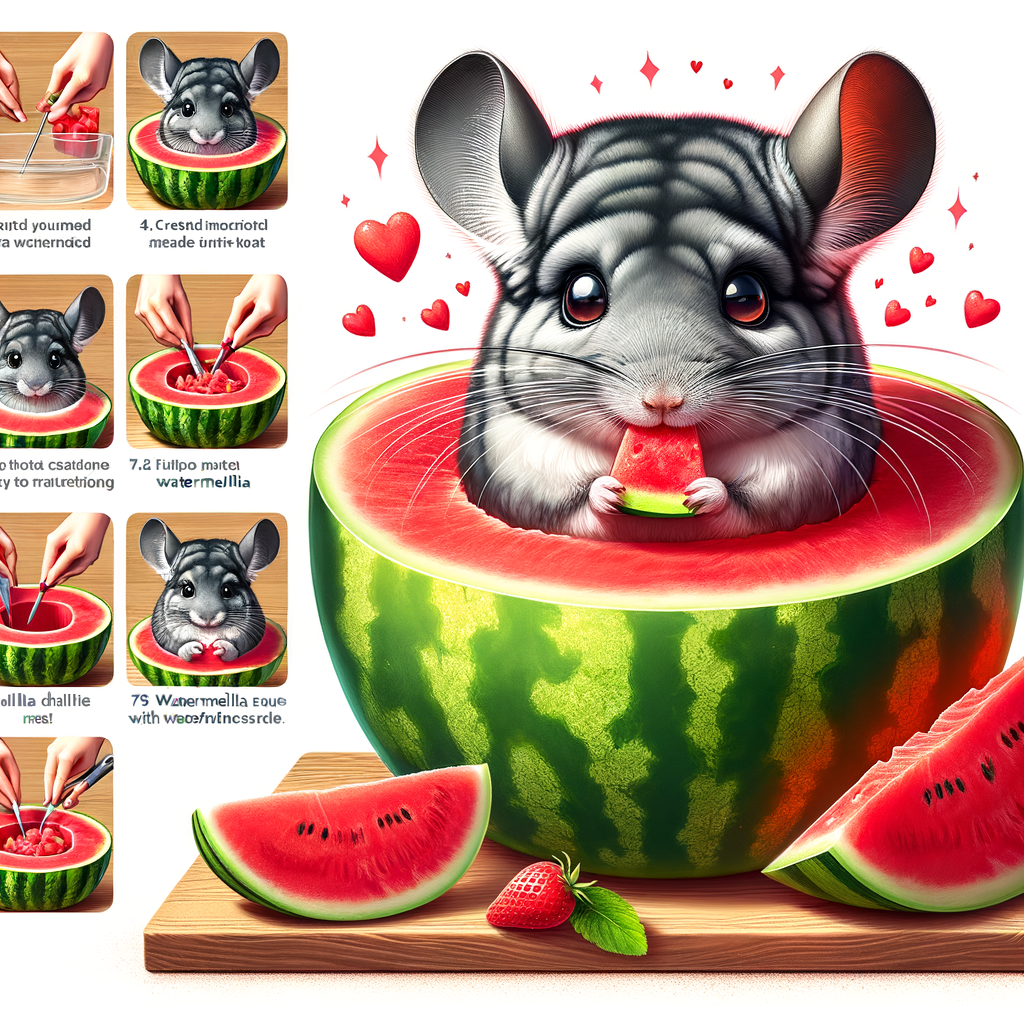 Chinchilla enjoying DIY watermelon summer treat, showcasing step-by-step process of homemade chinchilla treat creation for a healthy diet and summer refreshment.