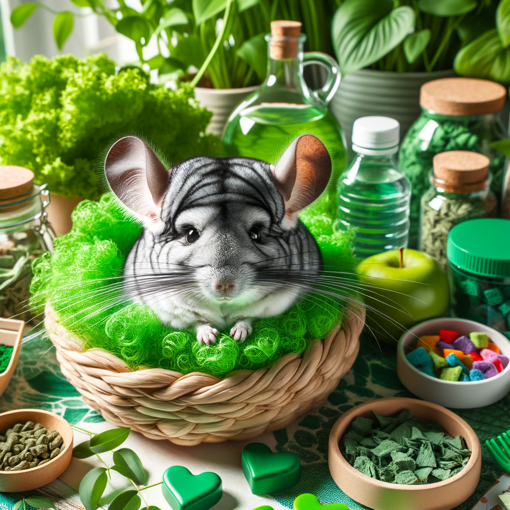 Chinchilla enjoying green pet care in an eco-friendly habitat with sustainable chinchilla products, embodying environmentally friendly chinchilla care and minimal chinchilla environmental impact for eco-conscious pet ownership.