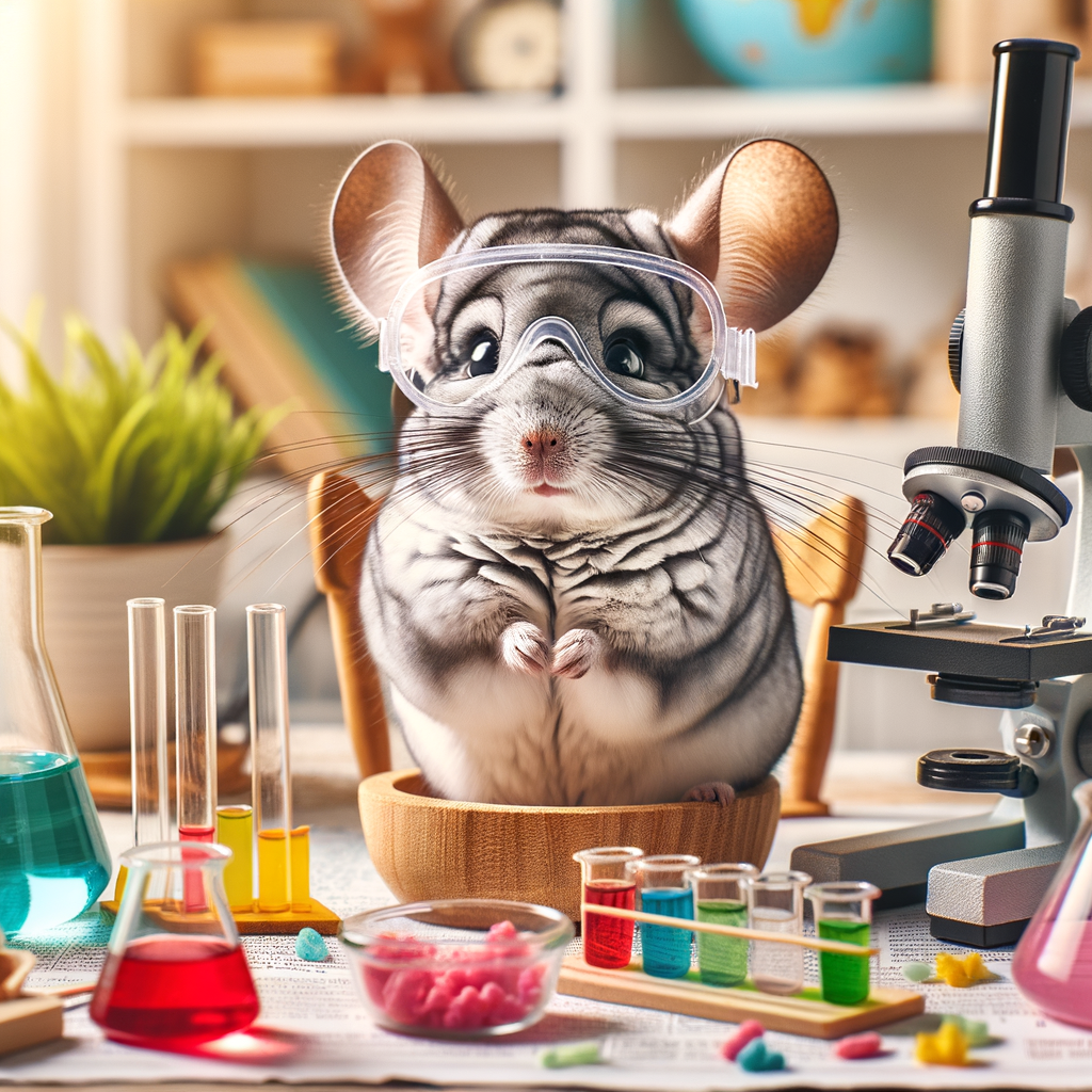 Chinchilla enjoying DIY science experiments, showcasing fun and educational activities for chinchillas with various learning tools for DIY pet education.
