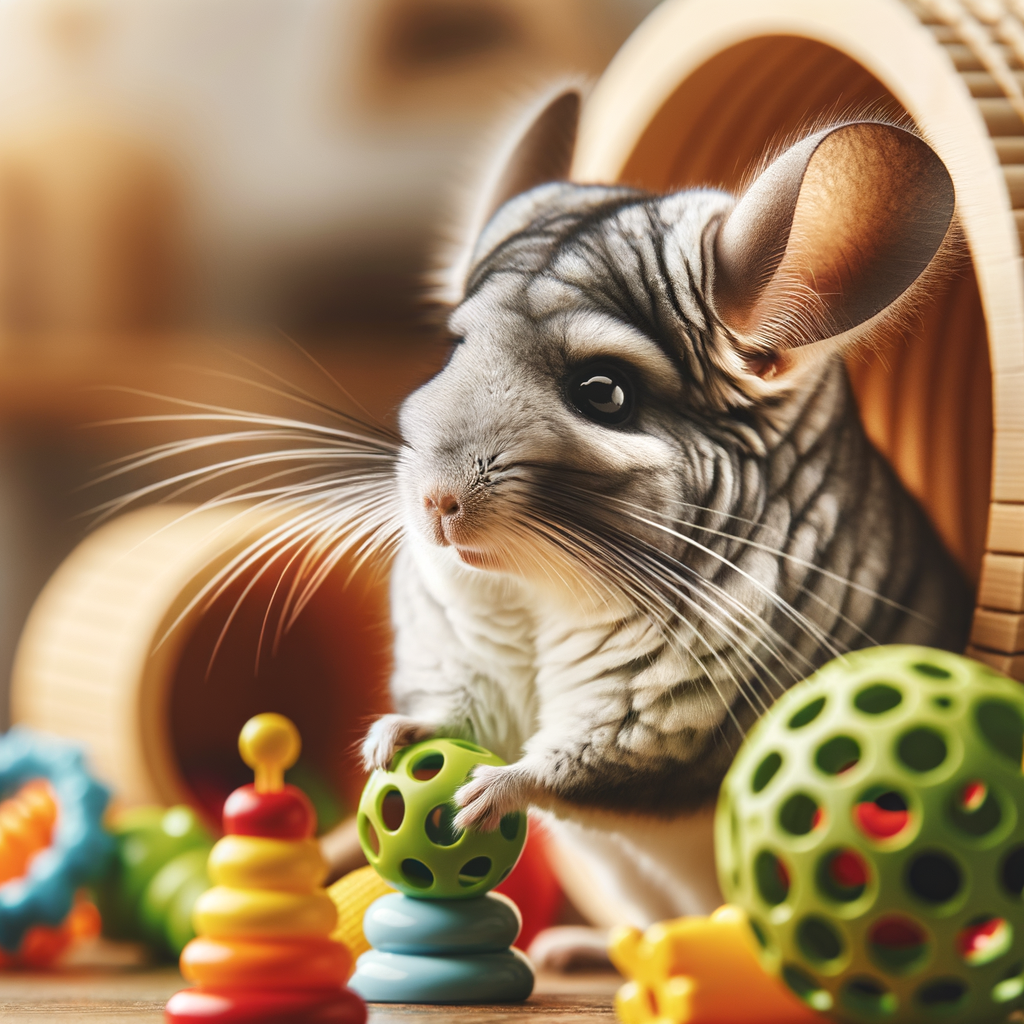 Chinchilla engaging in a fun hide and seek game during playtime, surrounded by interactive chinchilla toys, highlighting indoor games and exercise for chinchilla care.