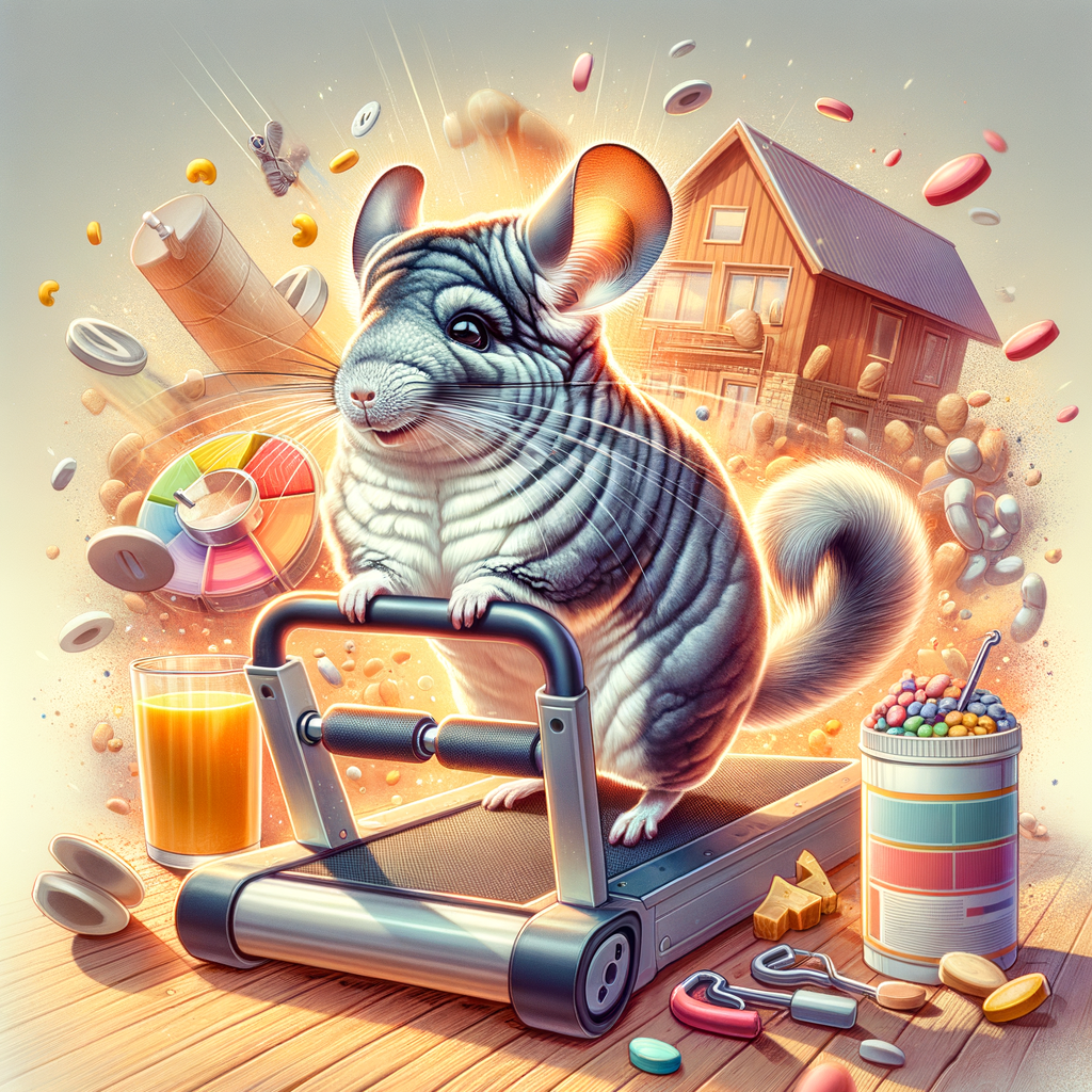 Chinchilla engaging in a workout routine on exercise equipment, demonstrating chinchilla fitness and the importance of a balanced diet for chinchilla health and happiness.