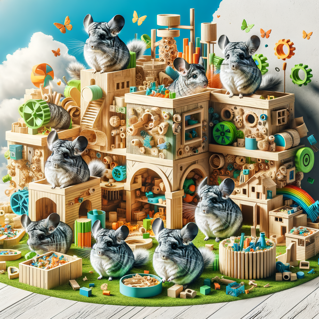 Chinchillas engaging with homemade DIY toys at an eco-friendly pet toy recycling center, showcasing sustainable chinchilla play with recycled materials.