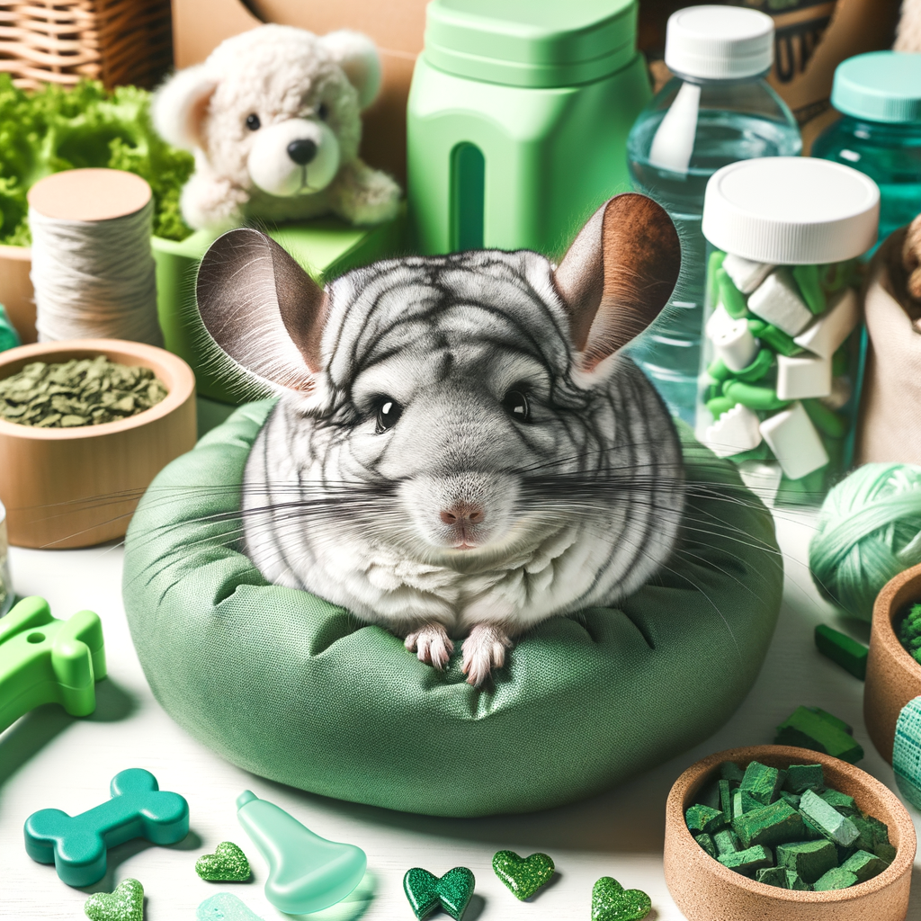 Eco-friendly chinchilla care in a sustainable pet habitat, demonstrating green living with pets using green pet products and environmentally friendly pet care tips for chinchilla sustainable living.