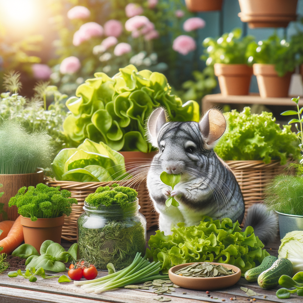 Happy chinchilla grazing in a well-maintained DIY pet garden filled with lush, chinchilla-safe plants, illustrating the ideal chinchilla diet and concept of growing pet-safe greens.