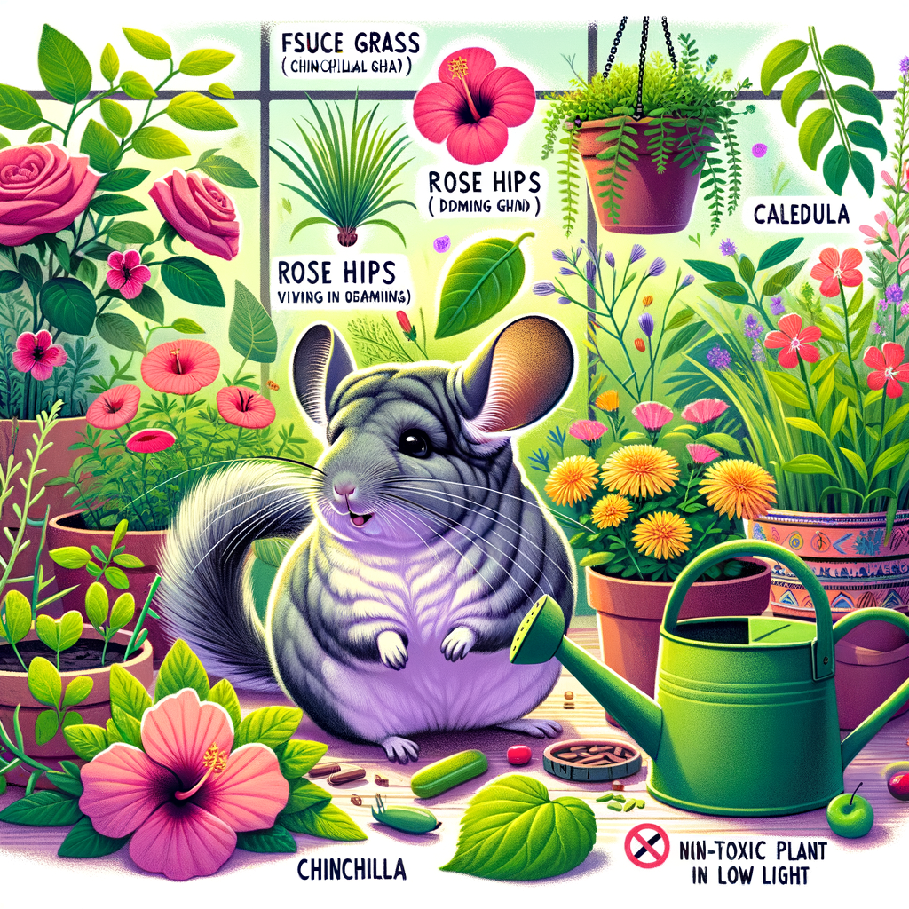 Chinchilla interacting joyfully with chinchilla-friendly plants in a vibrant indoor garden, showcasing the delights of indoor gardening for chinchillas and safe plant options as per the green thumb guide for chinchilla owners.