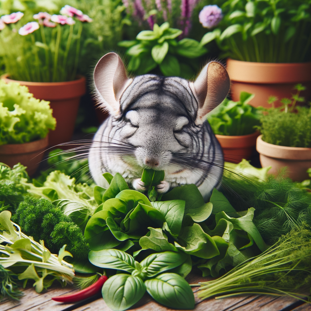 Chinchilla happily grazing on flavorful greens in a DIY herb garden, showcasing organic, homemade pet food for optimal Chinchilla diet and nutrition.