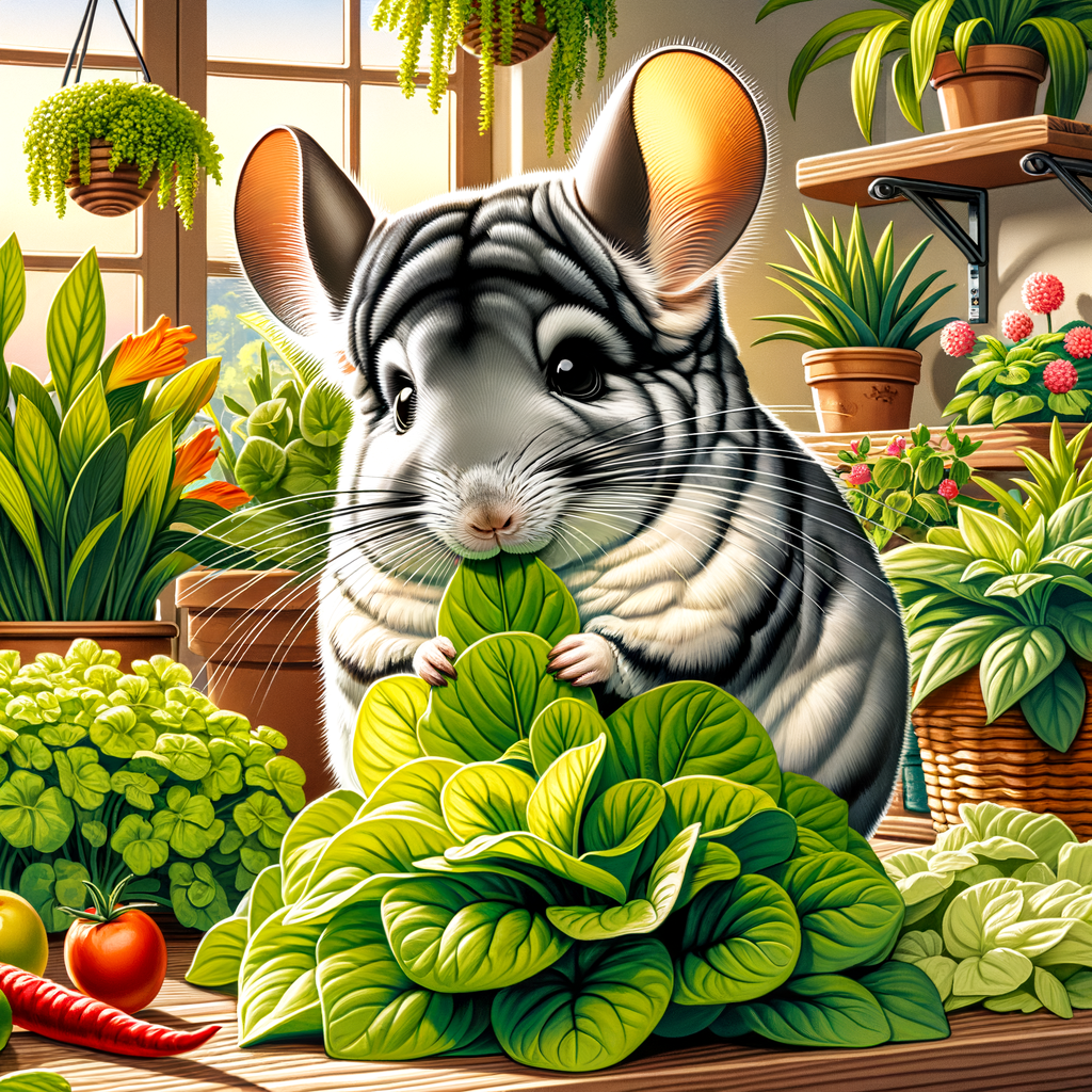 Chinchilla indoor gardening with pet-friendly greens, showcasing a chinchilla enjoying chinchilla safe plants, illustrating the importance of growing greens for pets and providing indoor gardening tips for pet owners.