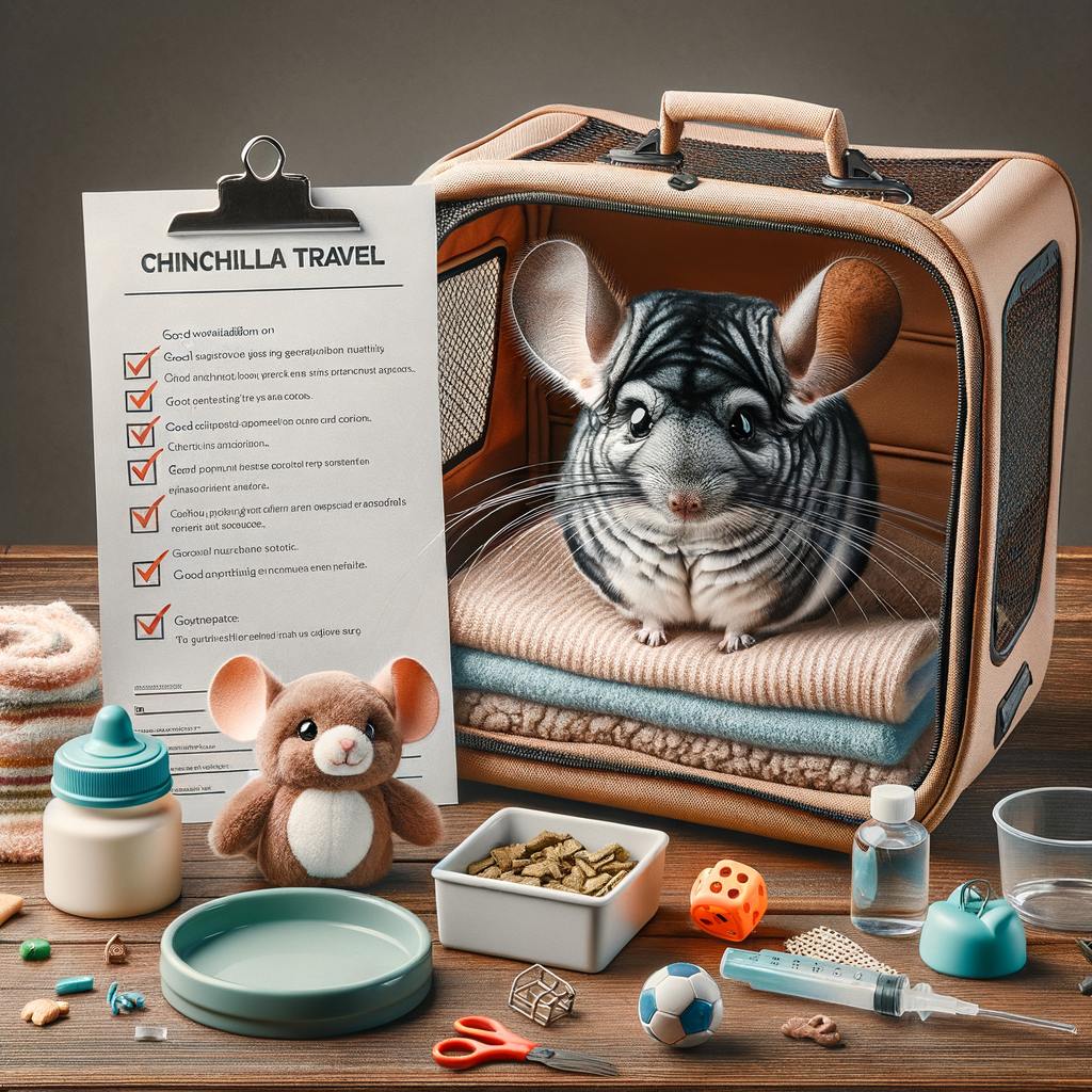 Chinchilla travel guide image featuring a well-prepared chinchilla travel carrier with essentials, safety tips, and advice for traveling with chinchillas on adventures.