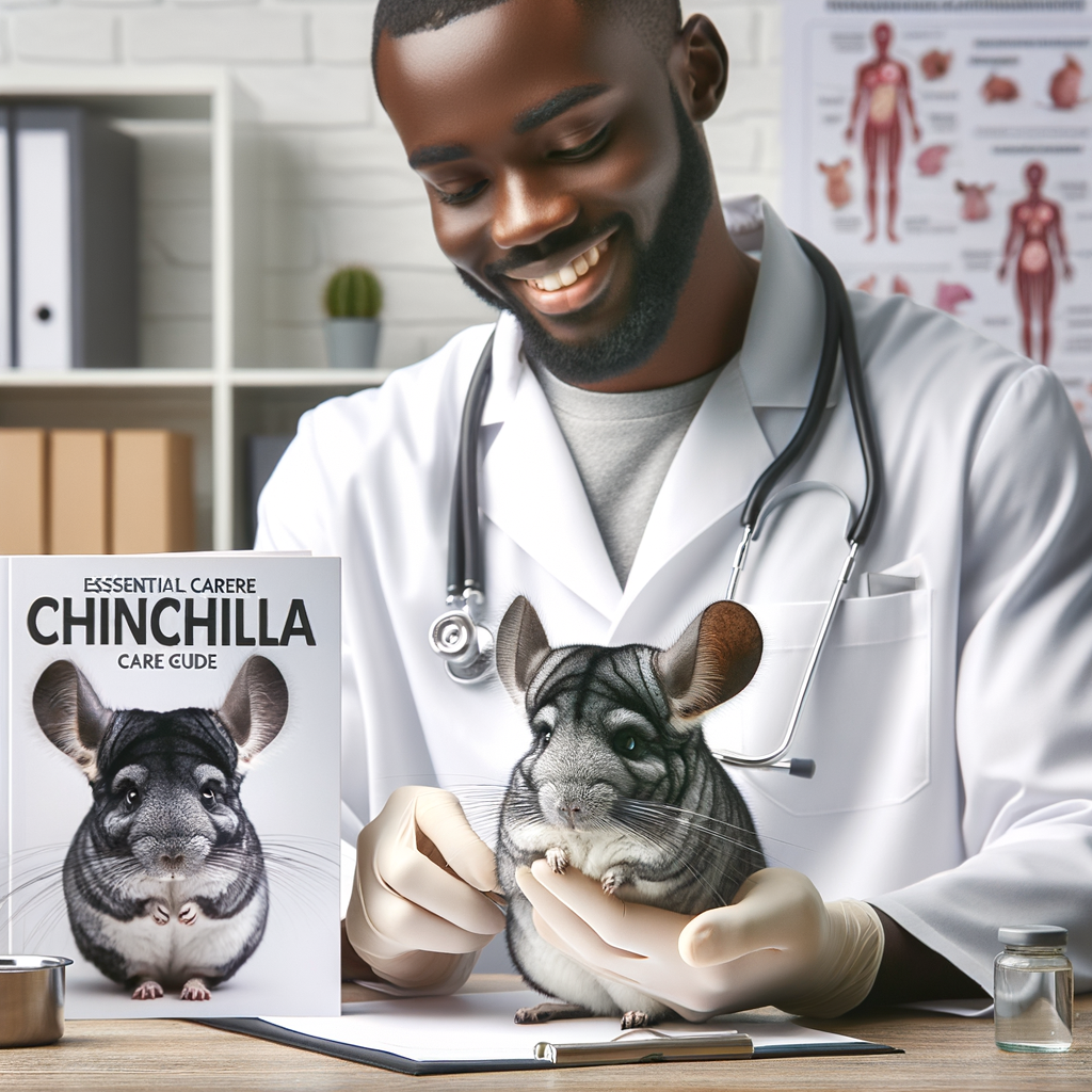 Veterinarian performing a Chinchilla health checkup in a clinic, with a visible Chinchilla Care Guide, symbolizing essential care and health maintenance tips for maintaining Chinchilla health.