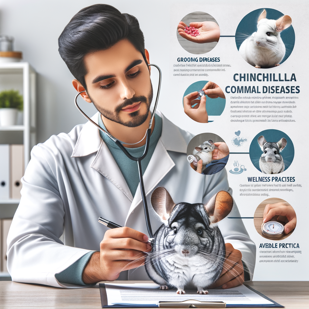 Veterinarian performing a health check on a chinchilla, focusing on diet, grooming, and behavior, with chinchilla care tips, common diseases, wellness practices, and lifespan information for a healthy chinchilla lifestyle.