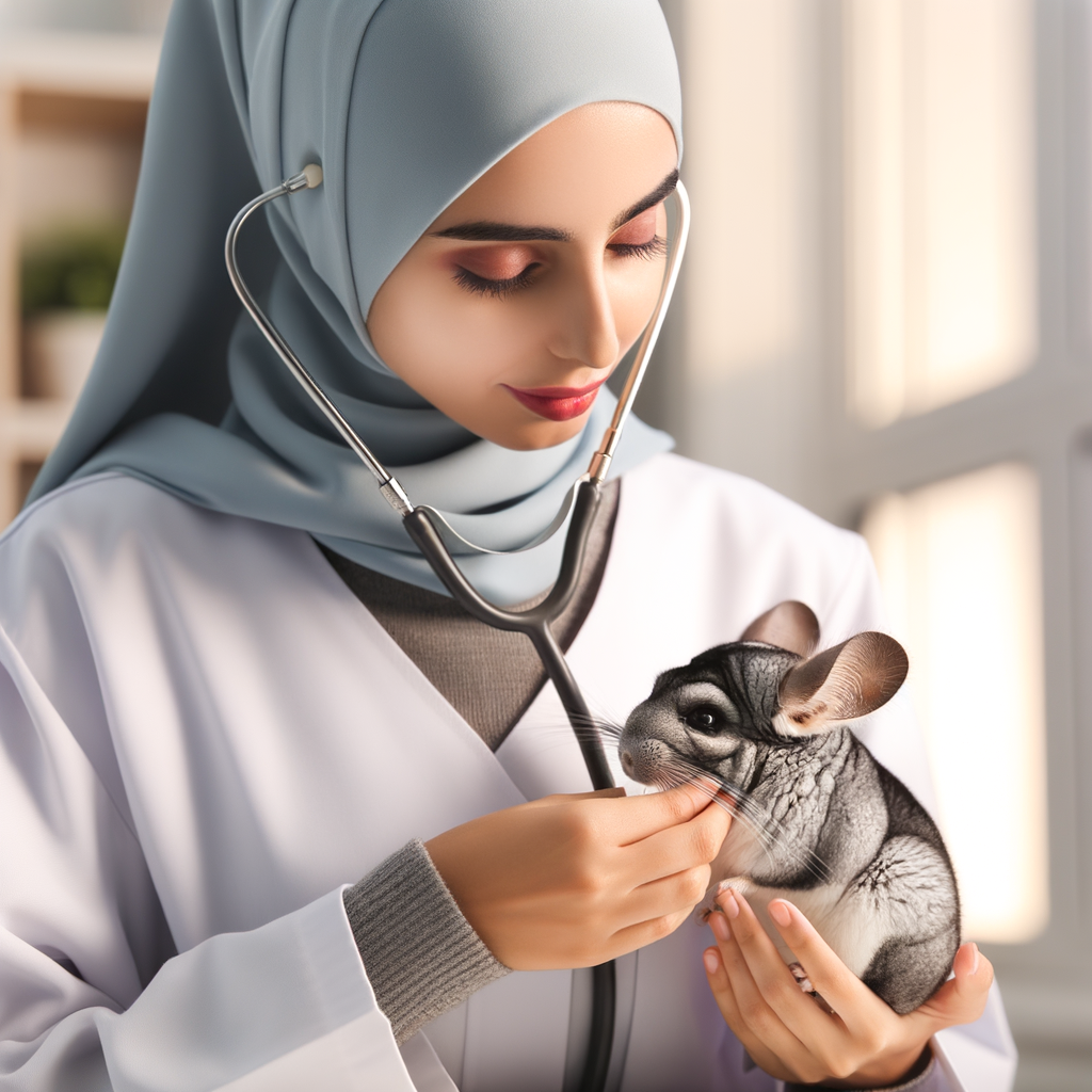 Veterinarian performing a comprehensive chinchilla health check, focusing on diet, grooming, and wellness, emphasizing the importance of regular veterinary care for a happy, healthy pet chinchilla.