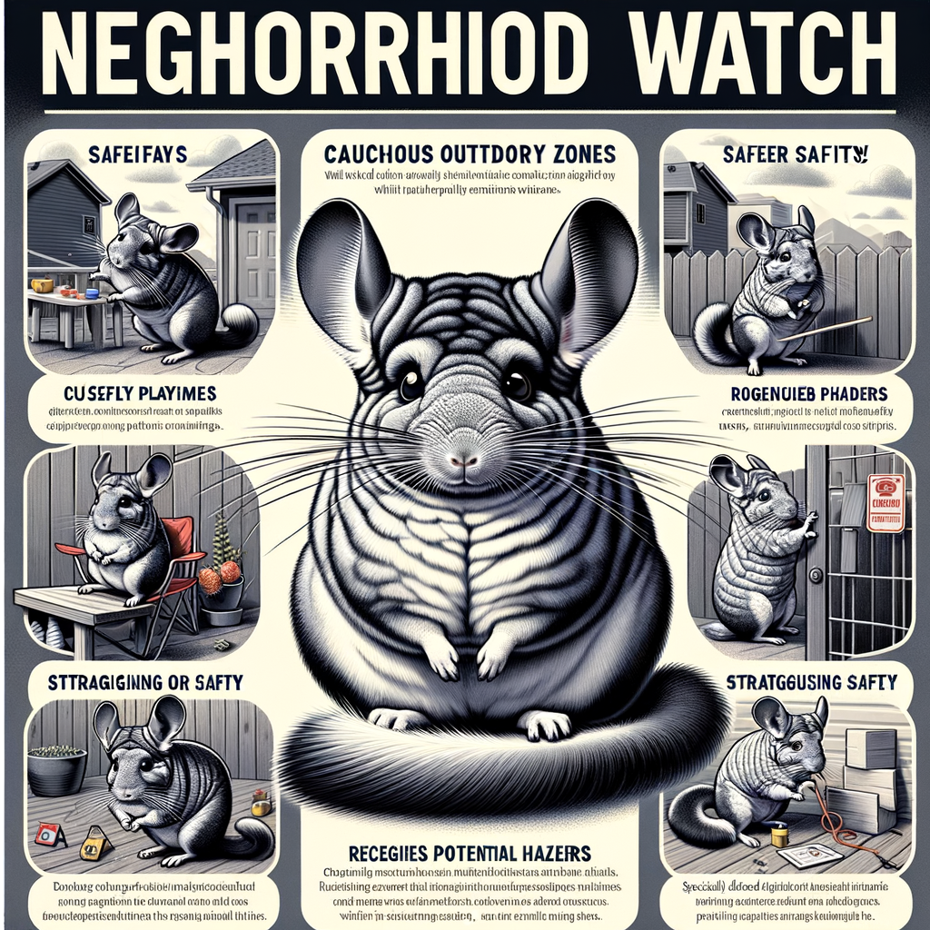 Chinchillas demonstrating outdoor safety measures and precautions during neighborhood watch, highlighting safe outdoor play activities and tips for chinchilla safety in the neighborhood.