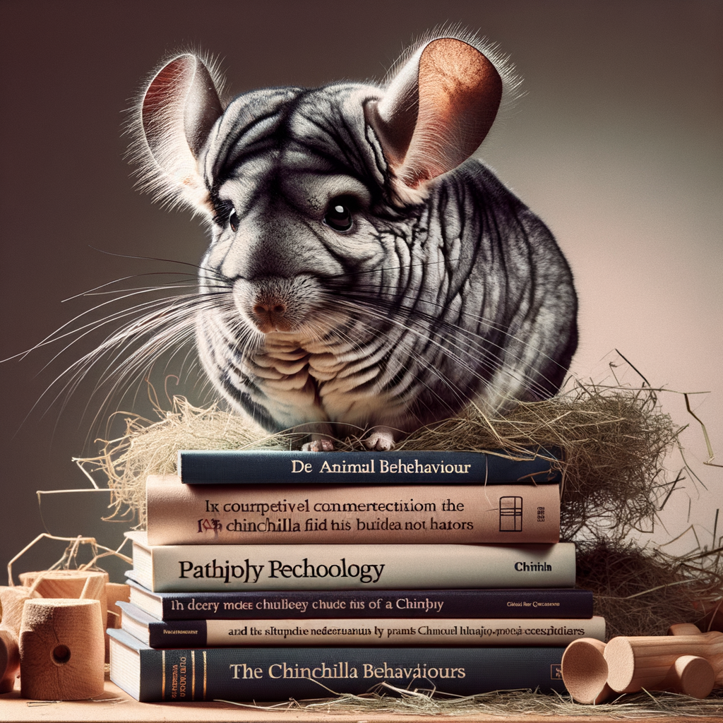 Thoughtful chinchilla on philosophy books illustrating chinchilla care, behavior, lifestyle, habits, and psychology for understanding life with a chinchilla and learning pet life lessons.
