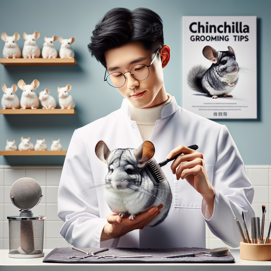 Professional Chinchilla groomer demonstrating Chinchilla fur care techniques with a specialized brush, maintaining fluffy Chinchilla fur, alongside a Chinchilla grooming guidebook emphasizing the importance of regular grooming for Chinchilla care.