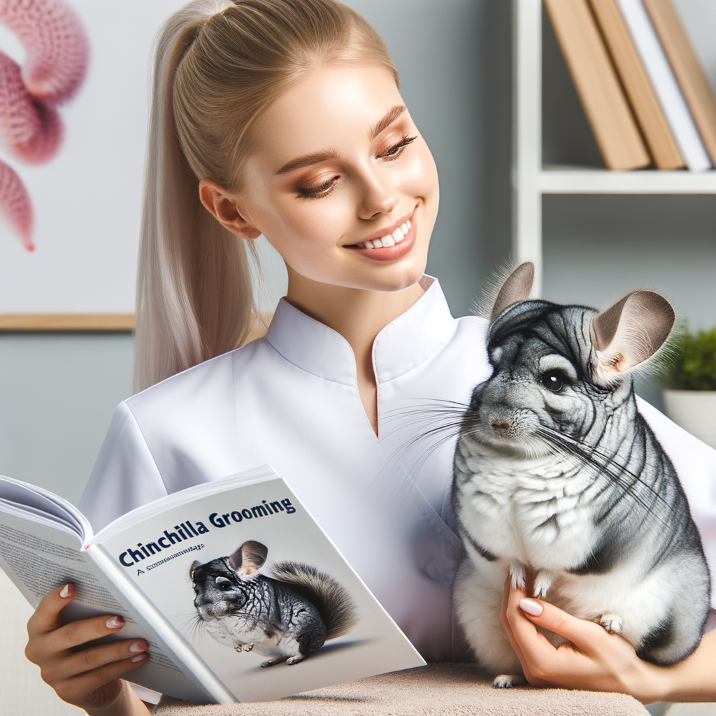Professional groomer demonstrating chinchilla grooming techniques and fur care, with a relaxed fluffy chinchilla and grooming guide book, highlighting the importance of pampering and caring for your fluffy pal.