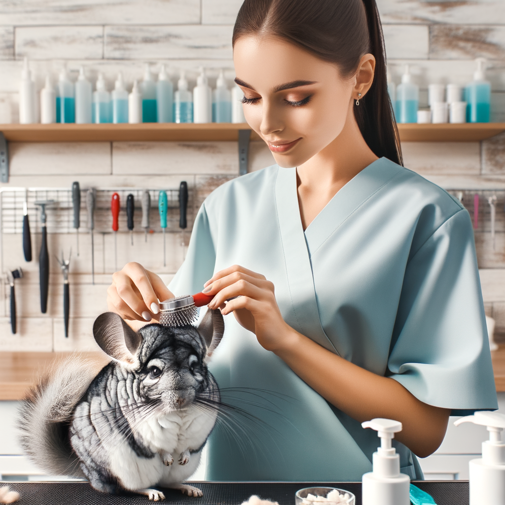 Professional chinchilla groomer demonstrating advanced chinchilla grooming techniques and care, highlighting the importance of regular chinchilla maintenance and pampering for the health of your fluffy pal.