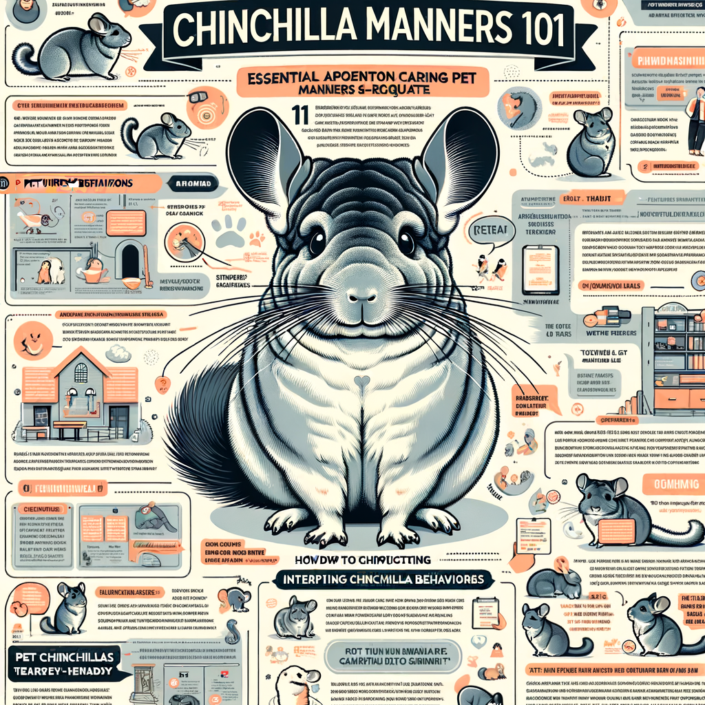 Infographic illustrating Chinchilla Manners 101, a comprehensive chinchilla care guide with pet-iquette tips, behavior cues, and proper care methods for training pet chinchillas.