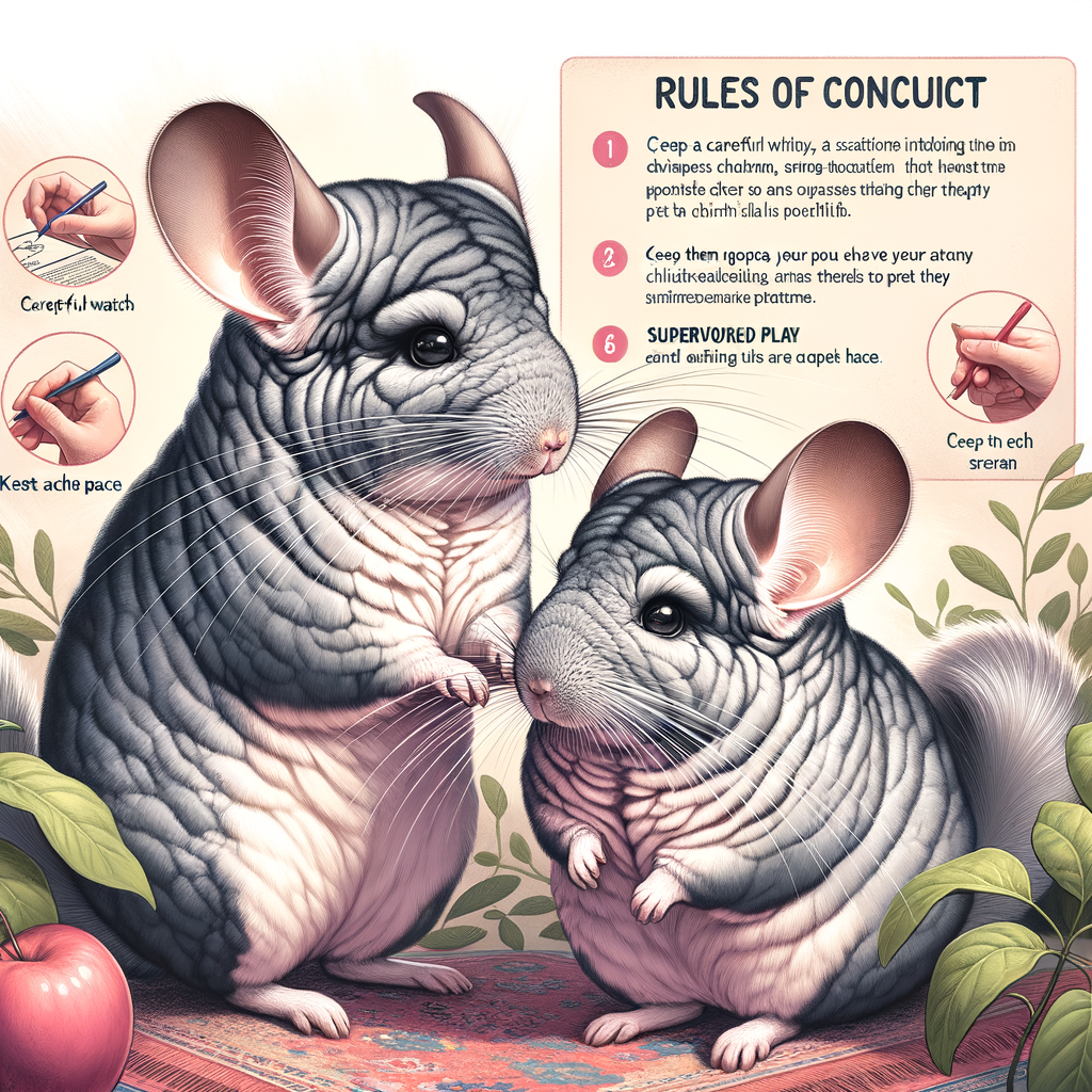 Two chinchillas demonstrating proper pet playdate etiquette and chinchilla socialization during a supervised introduction, highlighting chinchilla interaction, behavior, and playdate rules for successful chinchilla meetings.