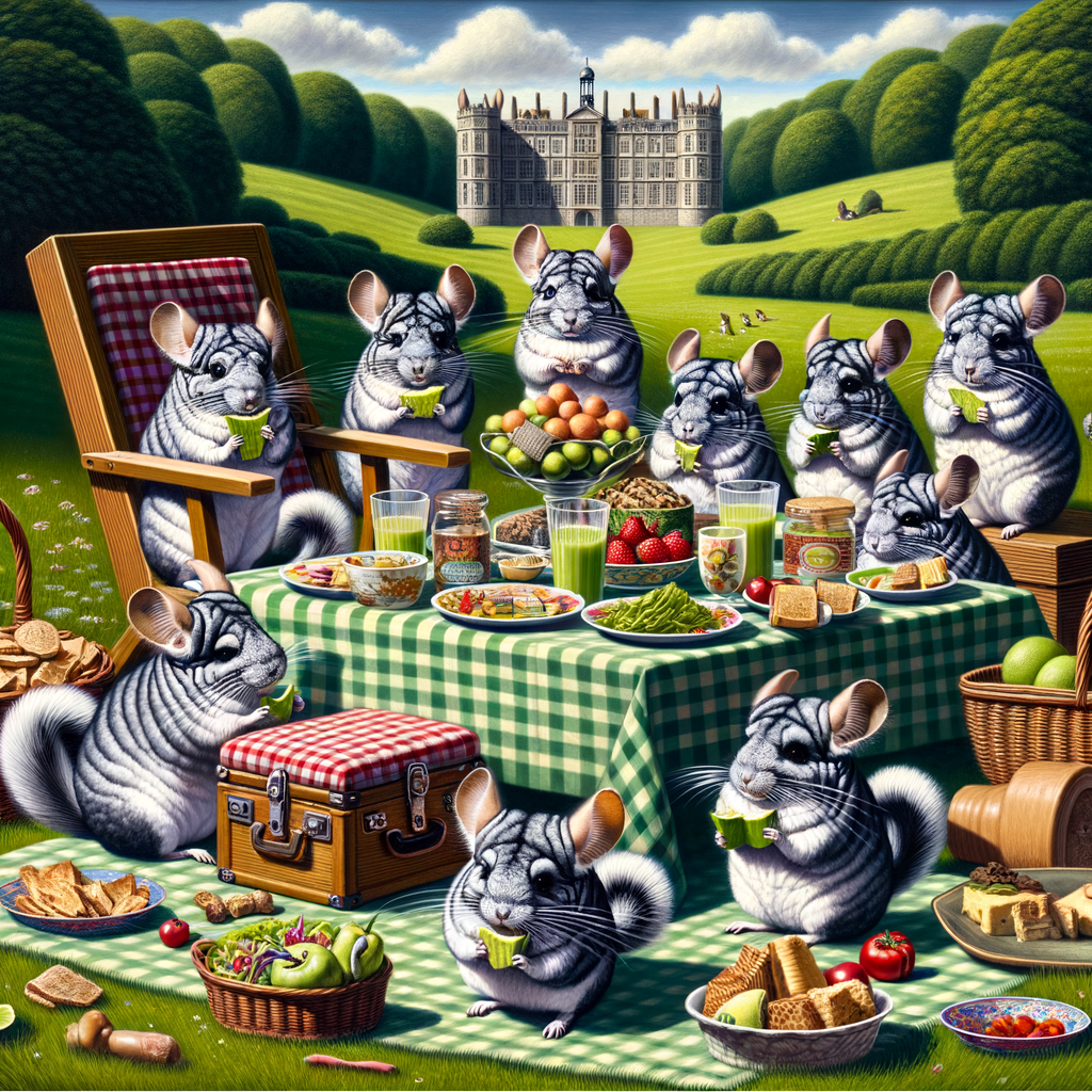Chinchillas engaging in outdoor activities at a DIY picnic in a lush park, illustrating Al Fresco fun and creative picnic ideas for furry pals.
