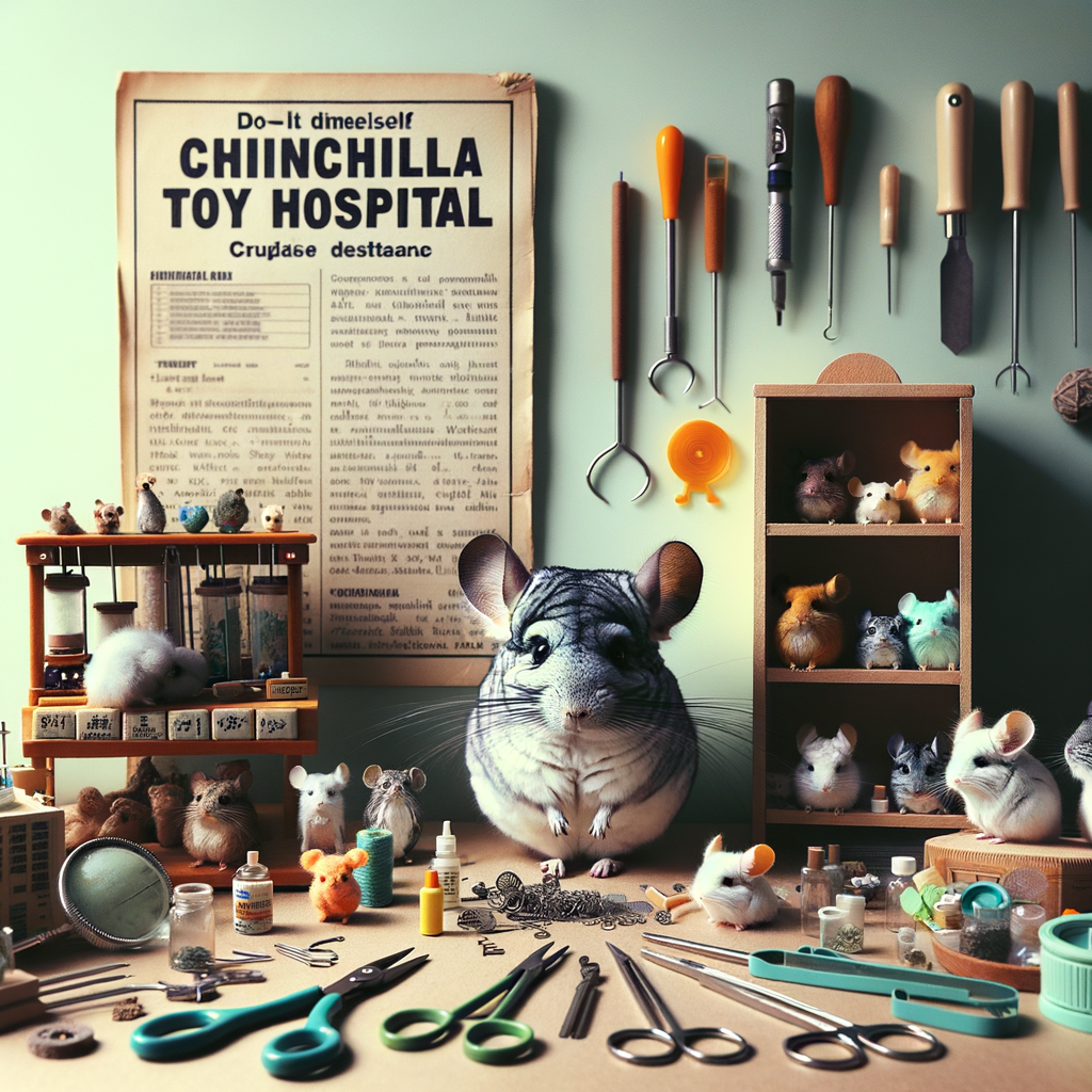 DIY chinchilla toy hospital setup featuring an array of homemade chinchilla toys undergoing pet toy repair, highlighting the importance of chinchilla care and TLC for well-loved playthings.