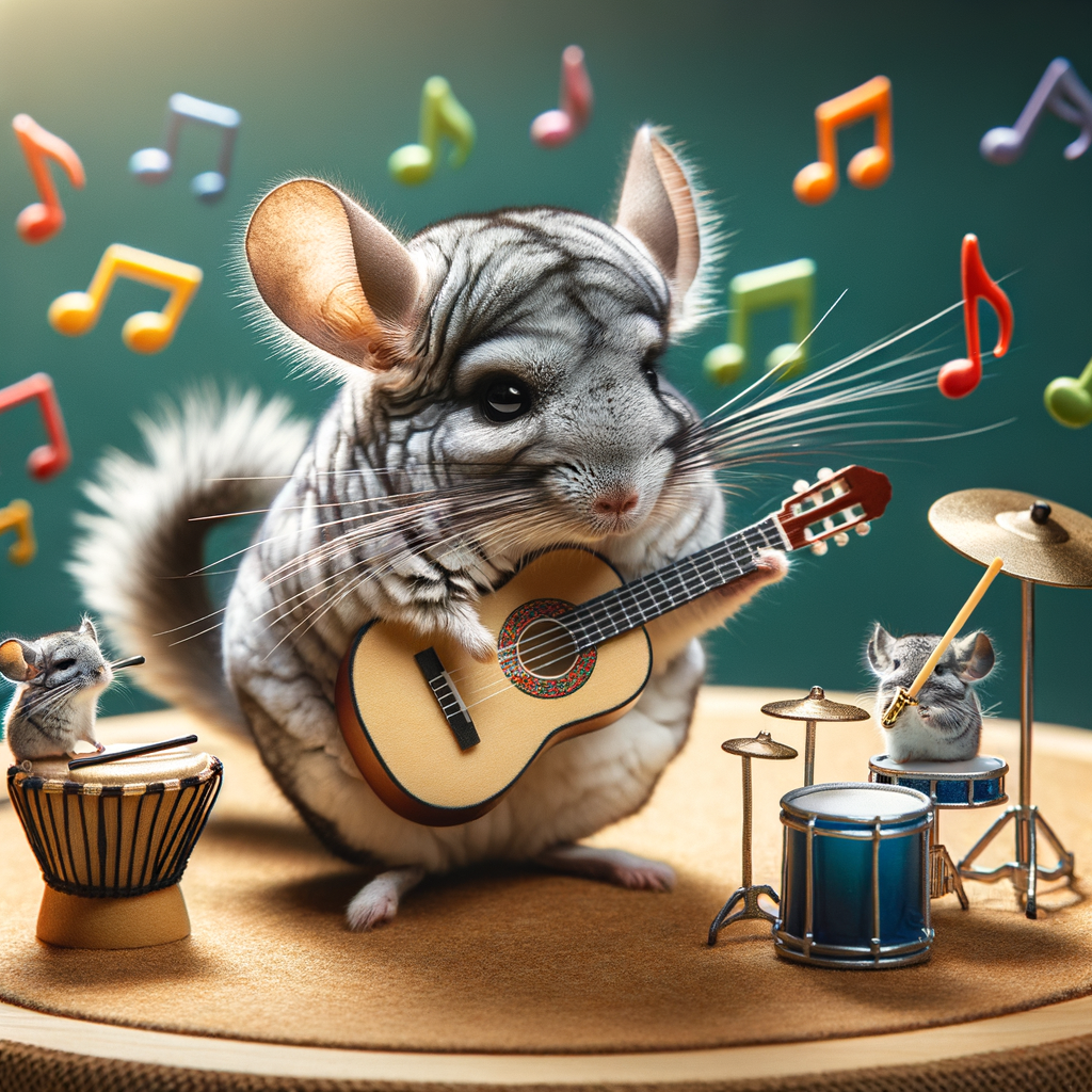 Pet chinchilla jamming during a music extravaganza, illustrating the concept of chinchilla music therapy, musical interaction, and bonding through musical activities with chinchillas.