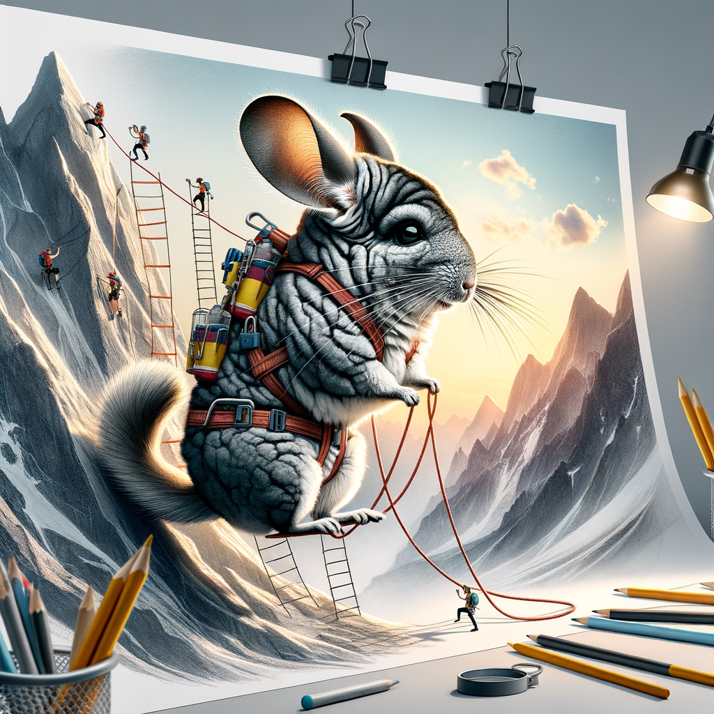 Chinchilla actively participating in DIY mountain climbing adventure, showcasing pet-friendly adventures and vertical exercises with chinchilla climbing equipment.