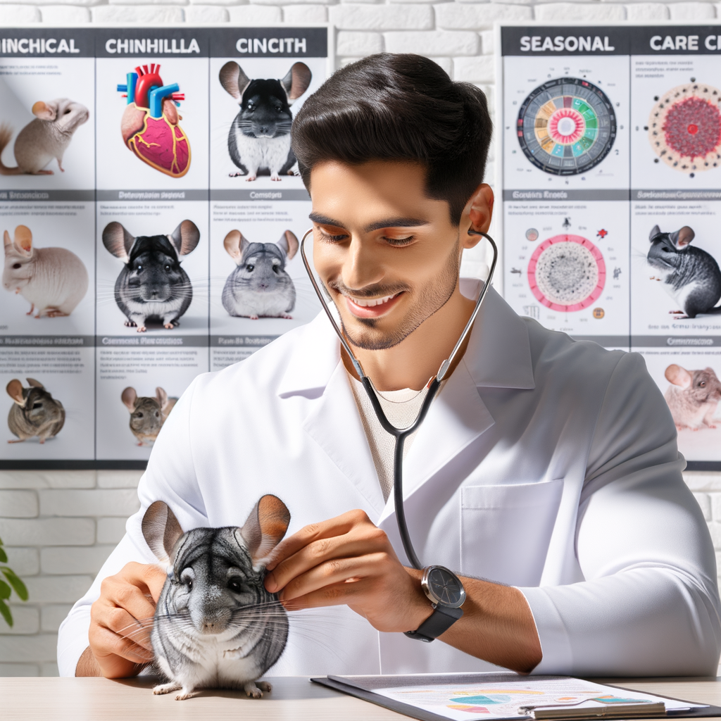 Veterinarian conducting a chinchilla health check, demonstrating chinchilla care guide and seasonal care for chinchillas, emphasizing the importance of maintaining chinchilla health across different seasons.