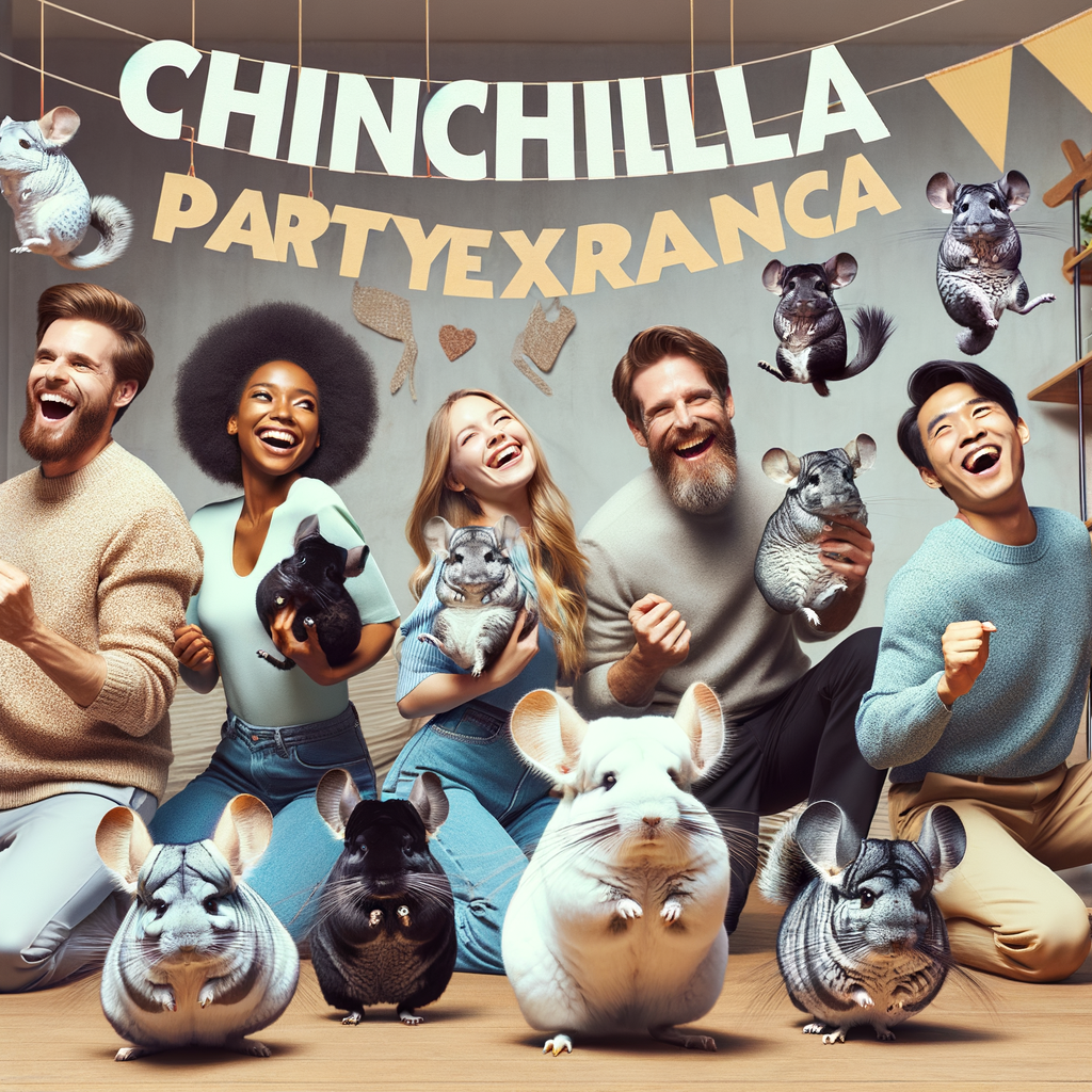 Chinchilla Dance Party scene with human friends grooving to music, highlighting interactive chinchilla activities, furry friend dance, and joy of dancing with pets for unique chinchilla entertainment and party ideas.