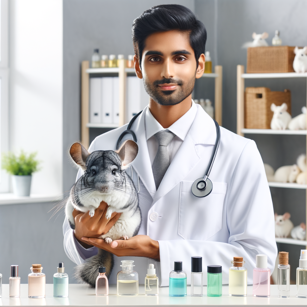 Veterinarian demonstrating chinchilla care with pet-friendly fragrances, highlighting scent sensitivity in pets and safe scents for chinchillas in a clean clinic, emphasizing on chinchilla health and allergies while choosing pet scents.