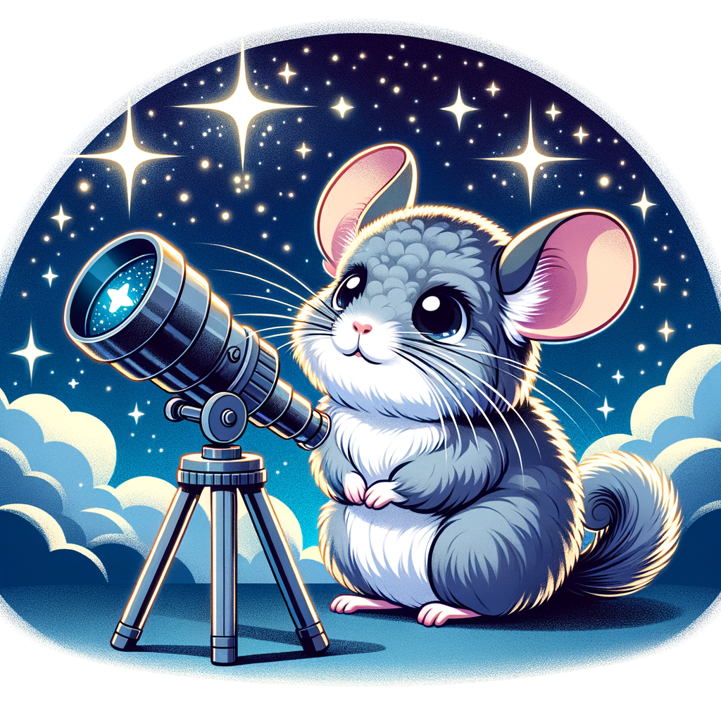 Chinchilla stargazing with a pet-friendly telescope, exploring the universe with pets, demonstrating astronomy for chinchillas and teaching chinchilla about astronomy under a starry night sky.