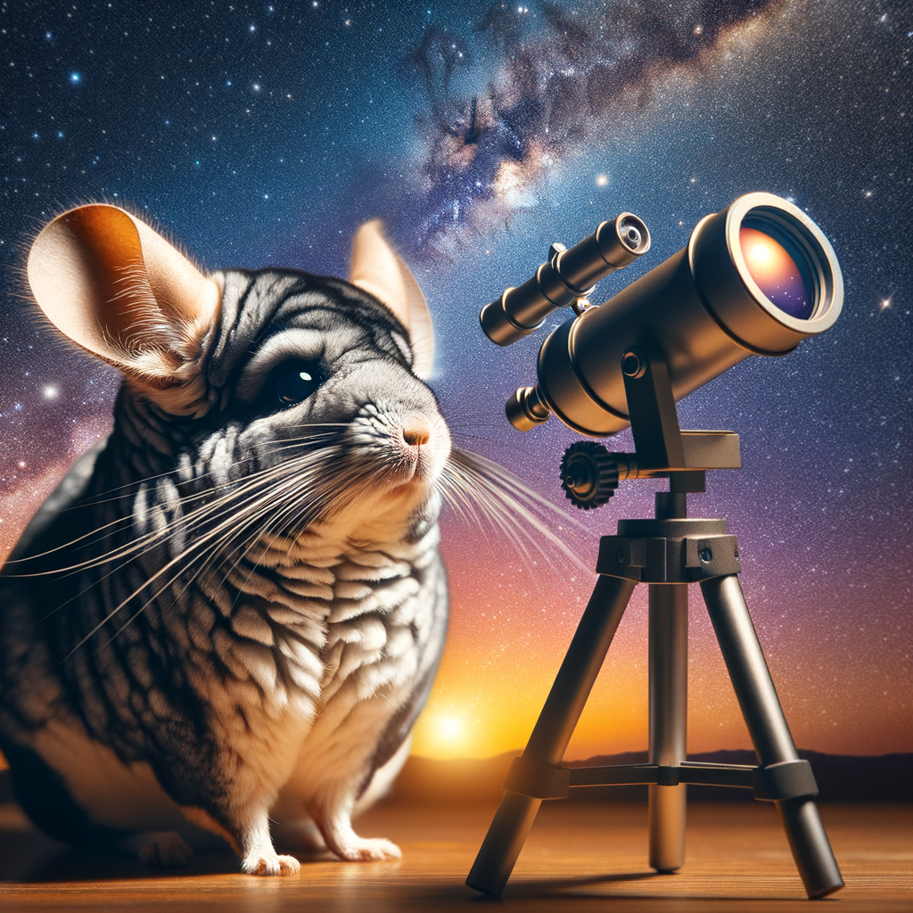 Chinchilla stargazing with a pet-friendly telescope, demonstrating pet astronomy and the joy of exploring the universe with pets, highlighting astronomy for chinchillas and chinchilla space exploration.