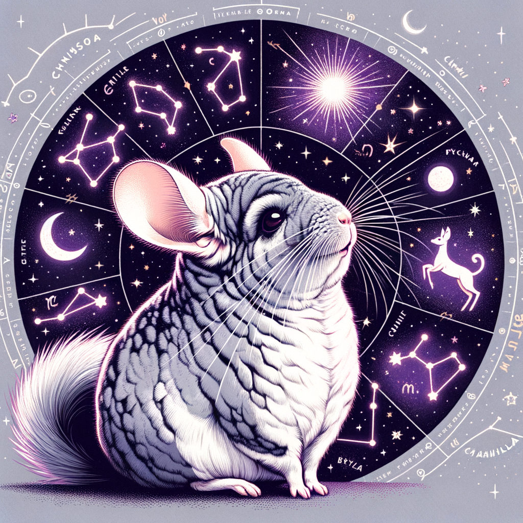 Chinchilla astrology illustration featuring a chinchilla gazing at zodiac signs in the starry sky, highlighting pet horoscope and astrological predictions for pets.