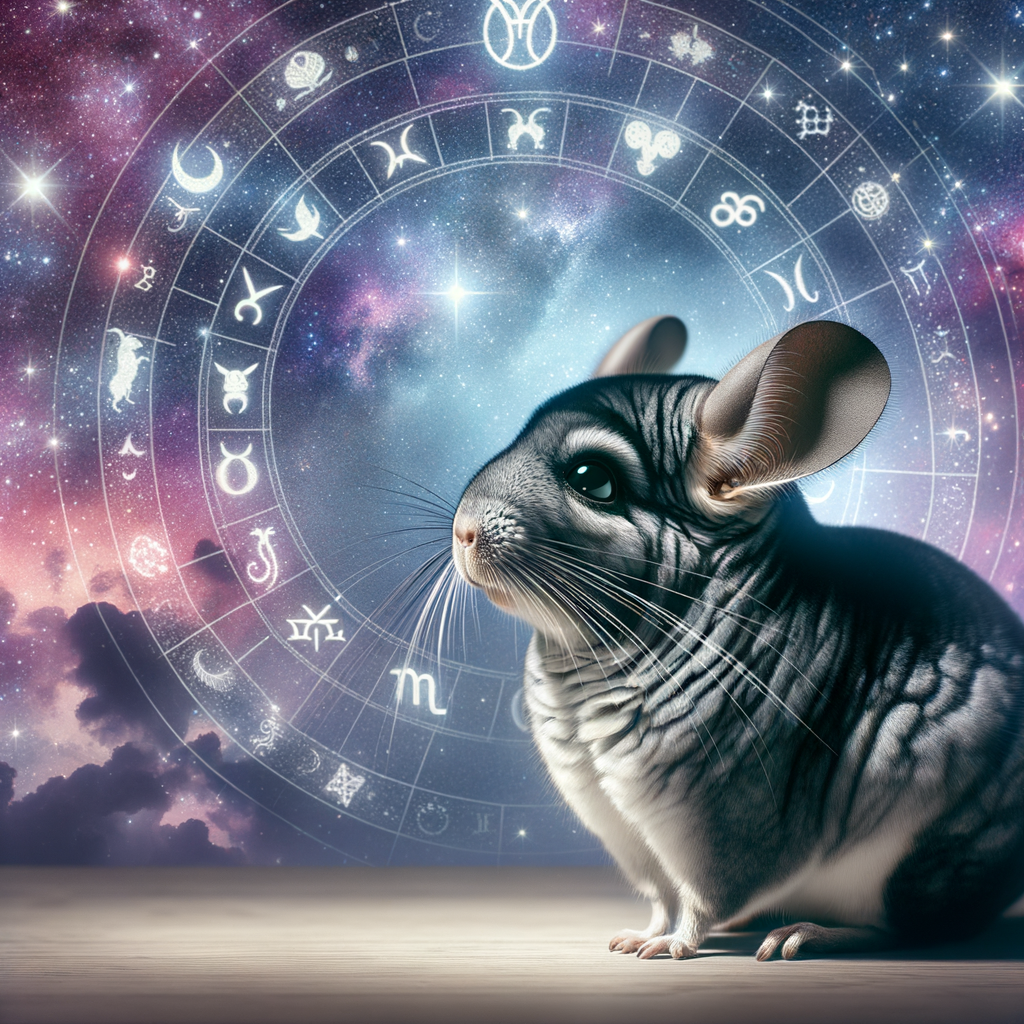 Chinchilla astrology concept with a chinchilla gazing at its zodiac sign in a starry sky, representing pet astrology, astrological predictions for pets, and pet star sign compatibility.