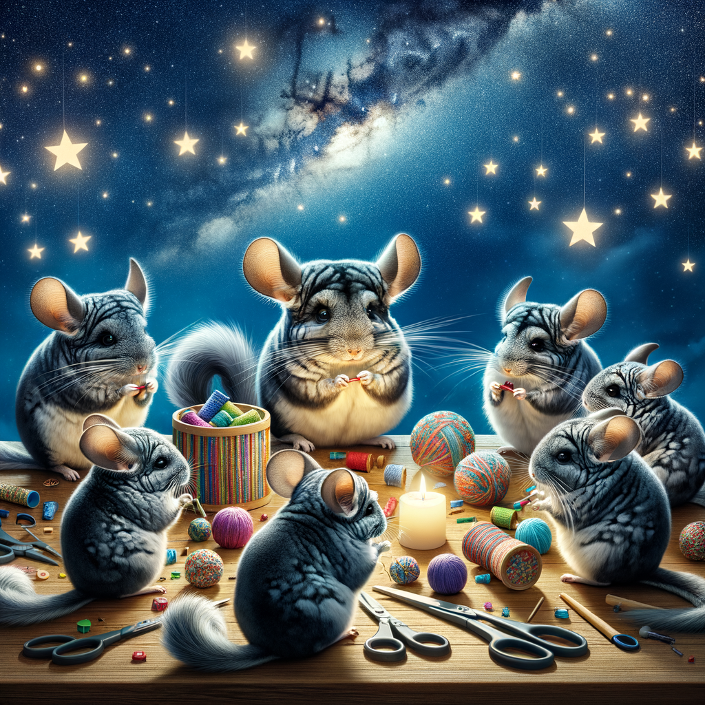 Chinchillas enjoying DIY evening activities with handmade toys under a starlit sky, showcasing Starlight Soiree ideas for pet entertainment and unique Chinchilla party ideas.